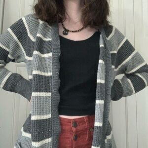 L.L. Bean Cozy Cool Toned Gray Striped Patterned Cardigan with pockets